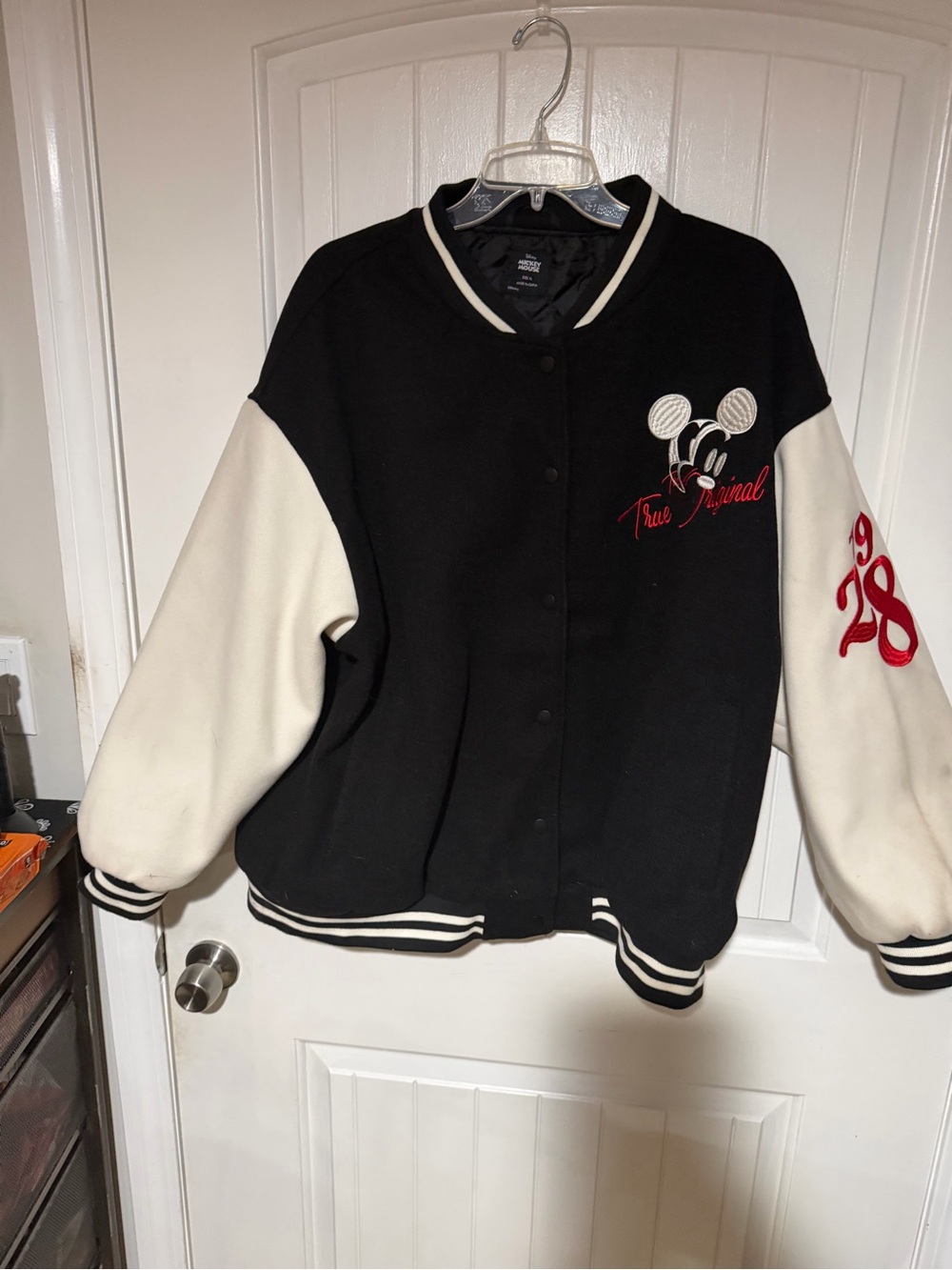 Unisex Authentic Disney Black and White Varsity Jacket with Red Embroidery